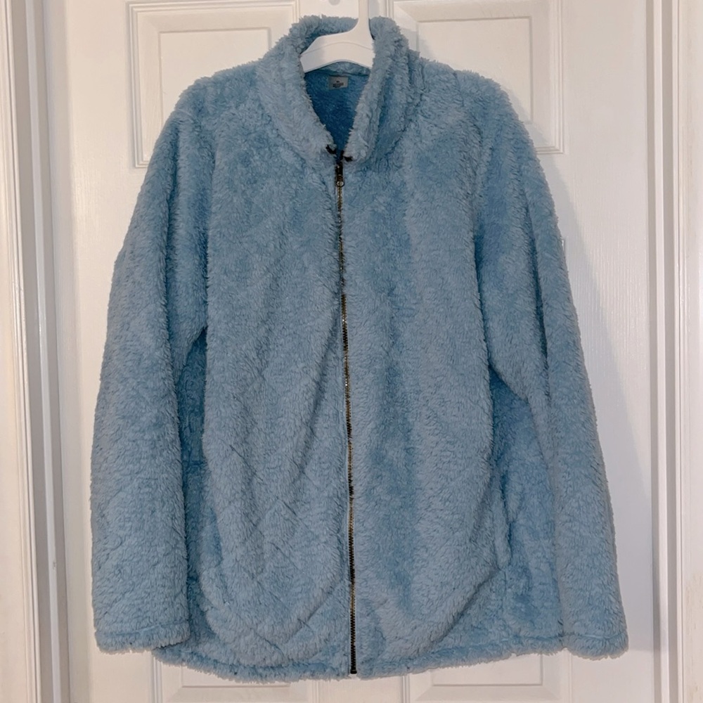 Women’s St. John’s Bay Furry Zipped Jacket, Light Turquoise blue, size XL